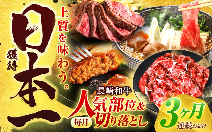 【全3回定期便】長崎和牛 切り落とし＋人気部位 セット 総計約4kg【有限会社長崎フードサービス】[OCD021] / 切り落とし 牛肉 定期便 切り落とし 牛肉 定期便 きりおとし 切り落とし 牛肉 定期便