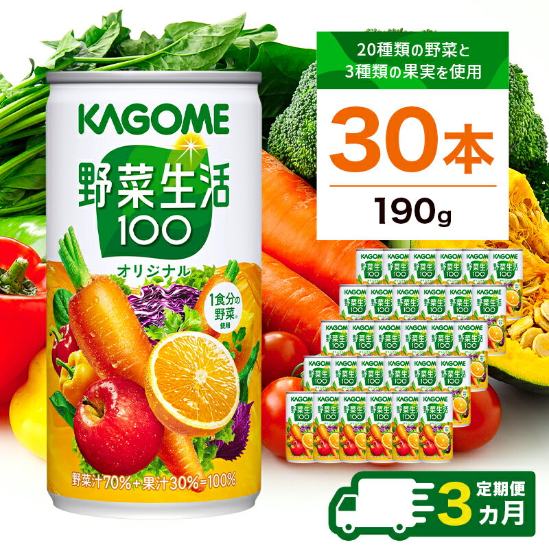 【ふるさと納税】【定期便3ヵ月】カゴメ　野菜生活100　オリジナル　190g缶×30本 1ケース 毎月届く 3ヵ月 3回コース【190g　30本　20種類の野菜　3種類の果実　野菜果実ミックスジュース 栃木県 那須塩原市 】