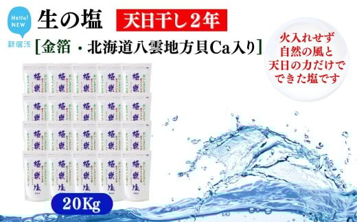 天日干し２年 火入れしない生の塩 「極楽塩」 1kg×20袋 金箔 貝カルシウム入り 食べる楽しさを極め こだわりの製法 塩 食塩 食卓塩 海塩 調味料 ミネラル ソルト