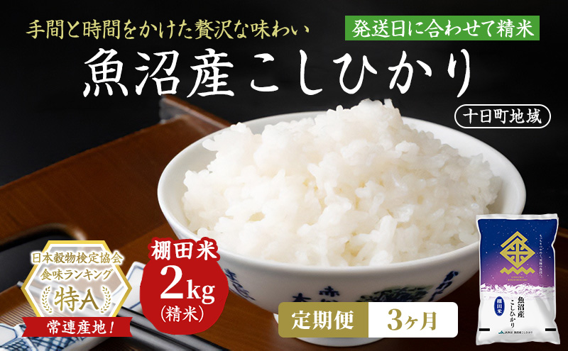【3ヶ月定期便】魚沼産こしひかり 棚田米(十日町地域) 精米 2kg  米 お米 コシヒカリ 定期 十日町市