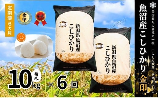 【 定期便 6ヶ月 】 高食味米 10kg ( 5kg × 2袋 ) × 6回 令和7年産 新米 魚沼産 コシヒカリ 金印 ( 一等米の中から厳選 ) | 白米 精米 米 お米 新潟県 津南町