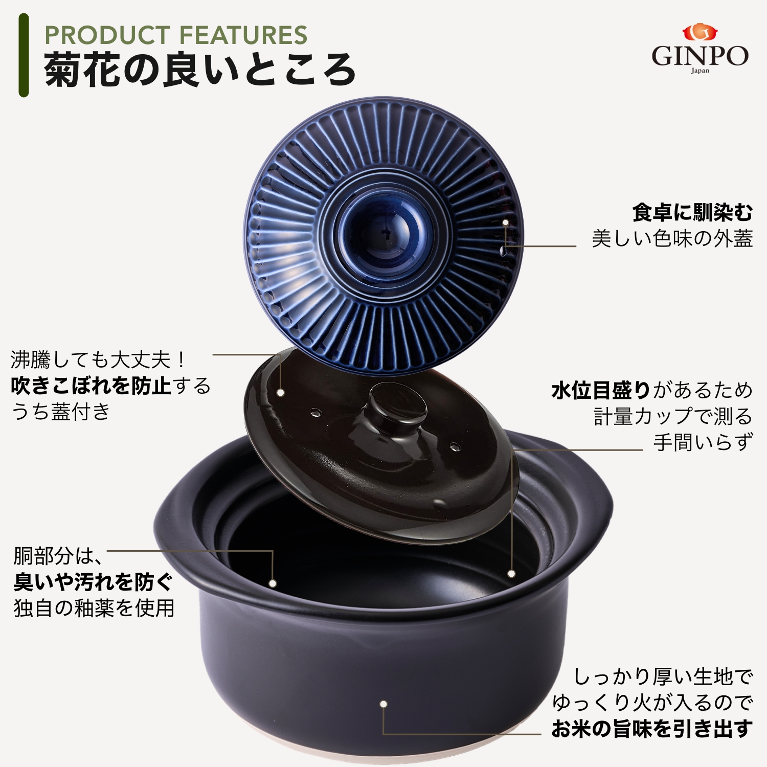 【萬古焼（ばんこやき）】土鍋ごはん 5合 【粉引】直火専用・レンジ温めOK（5合 2.6L 計量 カップ不要 火加減簡単）ご飯 ごはん 炊飯  家族 子供 料理 贈り物 菊花 銀峯 GINPO_イメー