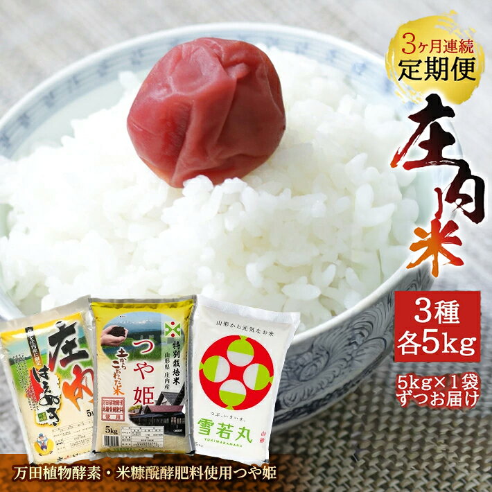 【ふるさと納税】≪3ヶ月定期便≫ 庄内米3銘柄食べ比べ 5kg×3ヶ月連続 はえぬき 雪若丸 つや姫（万田植物酵素・米糠醗酵肥料使用つや姫） 計15kg 山形県庄内産 ご希望期間の毎月下旬頃お届け 東北 酒田市 お米 精米 白米 ブランド米 セット 味比べ 小分け