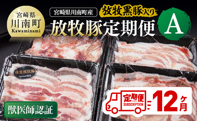 
                  【12ヶ月定期便】宮崎県川南町産豚肉　放牧豚定期便A（放牧黒豚入り） 【 豚 肉 豚肉 黒豚 国産 九州産 宮崎県産 川南町 加工品 セット 送料無料 】
                