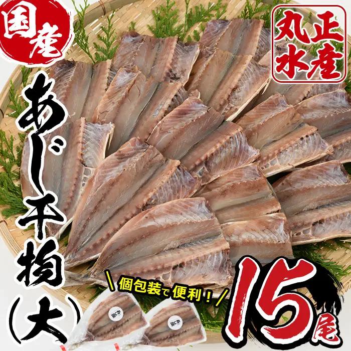 九州産あじの開き(1尾約20cm・計15枚)干物 魚 国産 冷凍 【AW-3】【丸正水産】