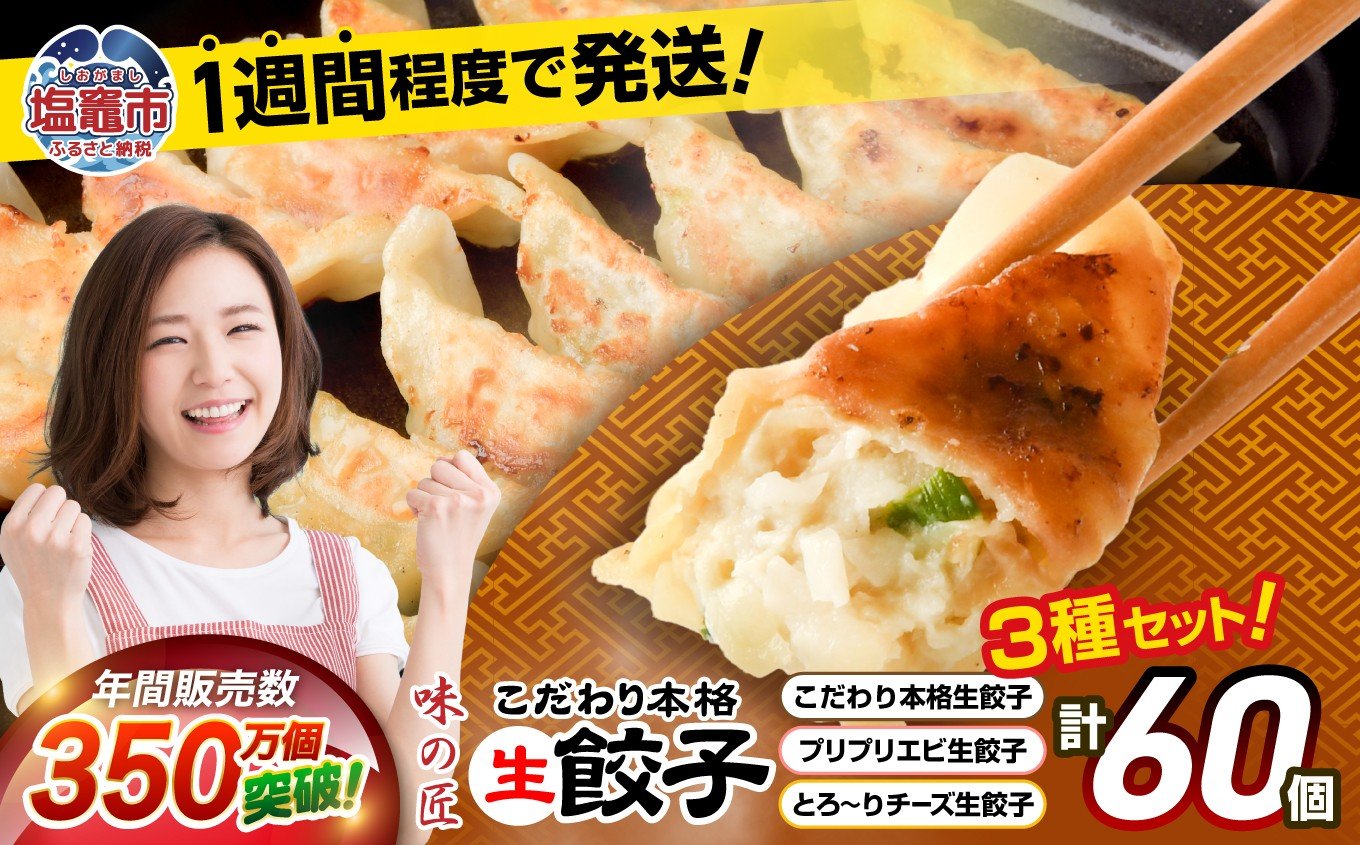 本格生餃子3種類詰め合わせ60個（12人前）　