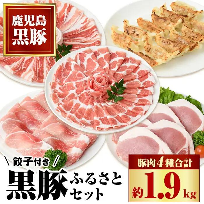 黒豚ふるさとセット(合計約1.9kg)黒豚餃子(12個入)付き！ 鹿児島 国産 九州産 黒豚 豚肉 お肉 バラ 肩ロース ロース モモ スライス 餃子 ぎょうざ 焼肉 しゃぶしゃぶ すきやき おかず 惣菜【和田養豚】B02080