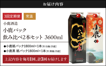 2187 【 3ヶ月定期便 】 小鹿 パック 飲み比べ 2本 セット 3600ml（ 1800ml × 2本 ） KN013-T02 芋焼酎 芋 いも 焼酎 お酒 地酒 定期便 お楽しみ 毎月 3回 