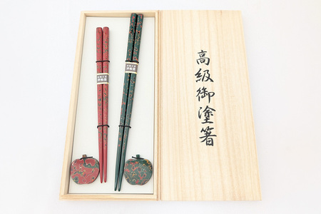 箸 箸置き りんご箸置き・箸 セット 唐塗 緑上・赤上 工芸品 漆器 津軽塗