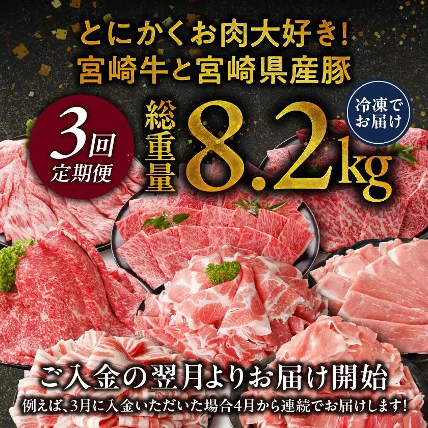 ≪3回連続お届け≫とにかくお肉大好き!宮崎牛と宮崎県産豚定期便L(総重量8.2kg)〔T84-3-N201〕_(都城市) 宮崎県産 牛肉 宮崎牛 豚肉 しゃぶしゃぶ すき焼き 焼肉 バラ 肩ロース ロ
