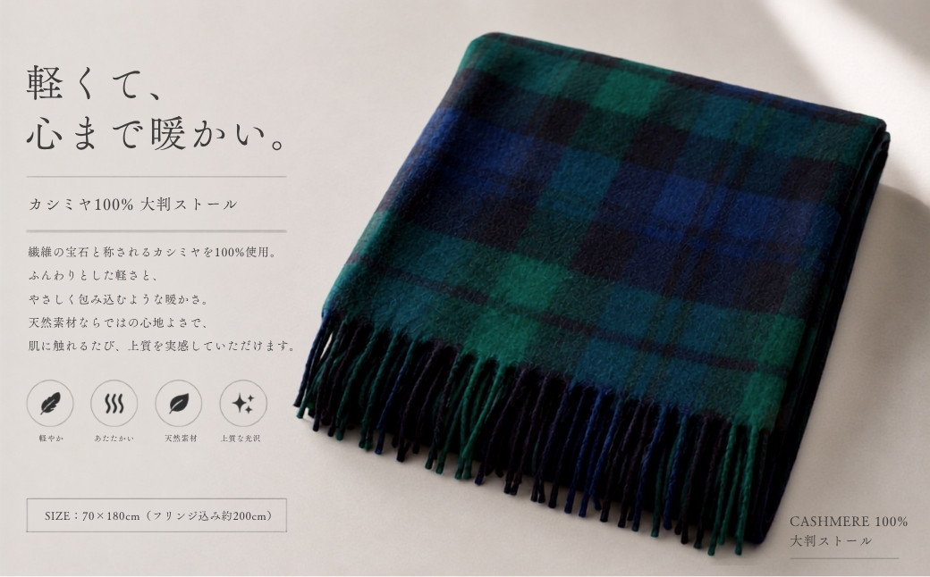 『Noble Fibre』100％カシミヤ・大判ストール ブラックウオッチ＆チェック フリンジ付き【高級 カシミア おしゃれ ファッション 防寒 かしみあ 大阪 泉佐野 大阪府 泉佐野市】
