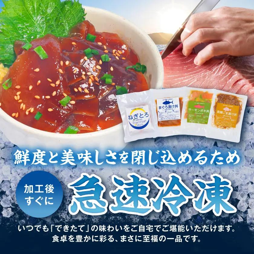 彩り豊かな海鮮丼食べ比べ4食セット〔LG-M3-001-4〕_(都城市) ねぎとろ まぐろ漬け丼 真鯛ごま漬け丼 サーモンポキ丼 海鮮丼 食べ比べ