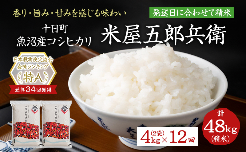 ＜新米発送＞【定期便/全12回】十日町産魚沼コシヒカリ 米屋五郎兵衛 精米2kg 2袋セット