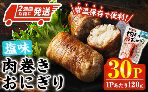 
            ＜2週間以内発送！＞ 肉巻き おにぎり 塩味 (計3.6kg・120g×30パック) 豚肉 塩 お弁当 レンジアップ 小分け 湯煎 個包装 おつまみ レトルト 常温 保存 ご当地 簡単調理【AP-55】【株式会社 日向屋】
          