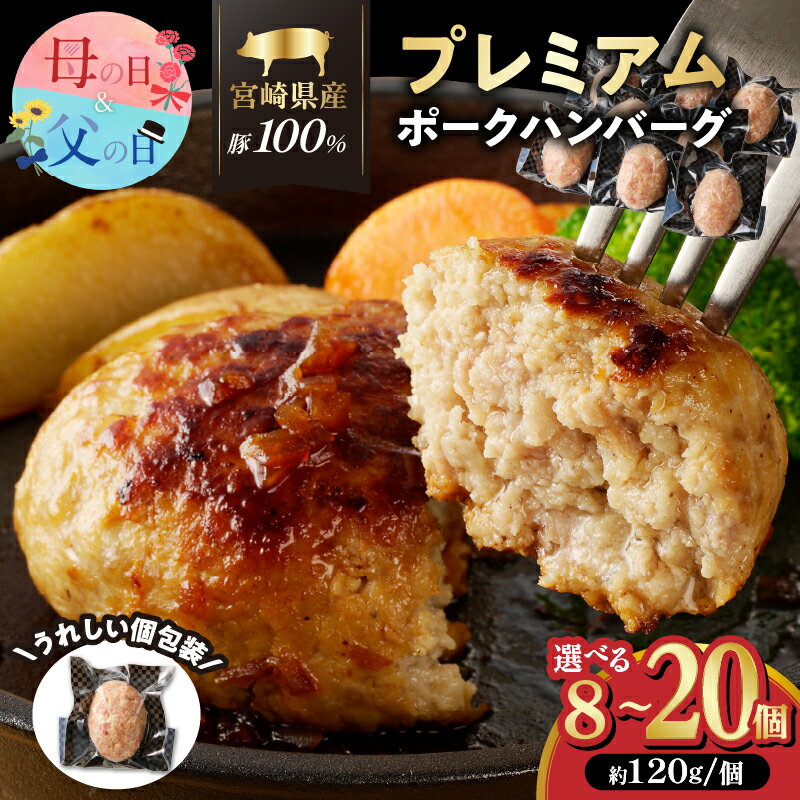 【ふるさと納税】個数が選べる！！ お家で本格ハンバーグ 宮崎県産 豚肉 プレミアム ハンバーグ 8個 10個 15個 20個 肉 加工品 惣菜 国産 食品 簡単調理 真空パック 個包装 小分け おかず お弁当 おすすめ ギフト 贈り物 お祝い 記念日 宮崎県 都農町 送料無料 母の日 父の日