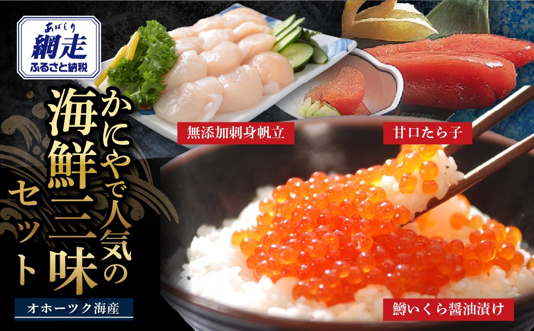 
                  かにやで人気の海鮮三味セット「無添加刺身帆立300g・甘口たら子300g・鱒いくら醤油漬け160g」 【ふるさと納税 人気 おすすめ 帆立 ほたて ホタテ 無添加 たらこ タラコ たら子 いくら イクラ 鱒いくら マスイクラ 海鮮 セット 魚介類 魚介 新鮮 ギフト 贈答 オホーツク 北海道 網走市 送料無料】 ABAO138
                