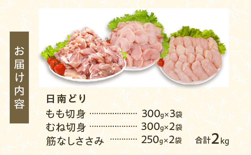 日南どり 3種類 セット 合計2kg 鶏肉 国産 チキン もも むね 切身 筋なしささみ 小分け 便利 食べ比べ おかず お弁当 おつまみ 食品 真空パック 焼肉 万能食材 からあげ サラダ お取り寄