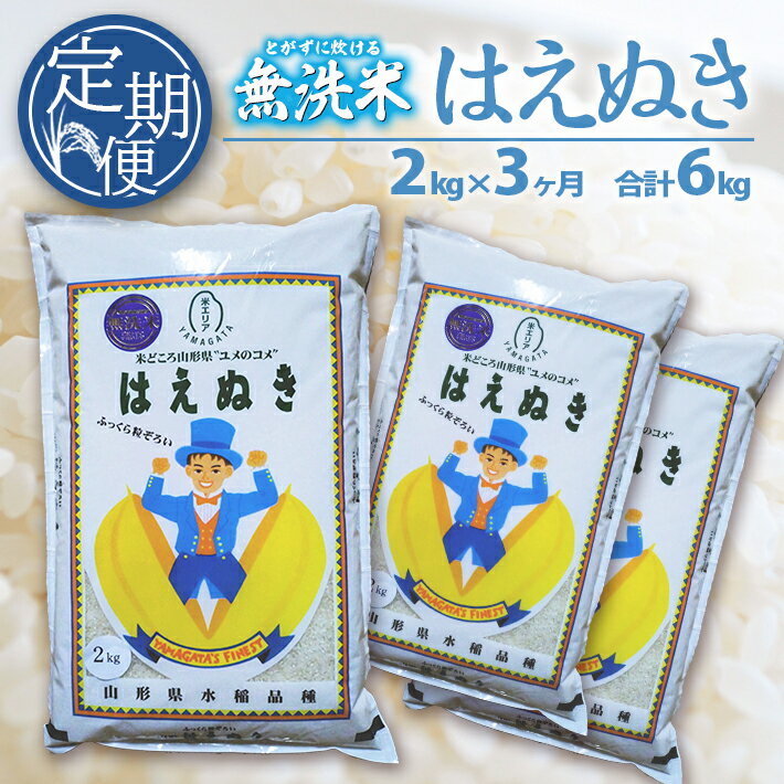 【ふるさと納税】≪3ヶ月定期便≫ 無洗米 はえぬき 2kg×3ヶ月連続 計6kg 山形県庄内産 ご希望期間の毎月中旬にお届け 東北 山形県 酒田市 庄内地方 庄内平野 米 無洗米 ブランド米 庄内米 定期便 小分け 一人暮らし 少人数 少量