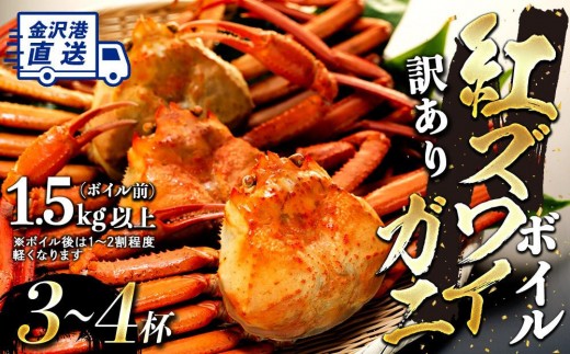 2027年3月発送【訳あり】金沢港より直送！ボイル紅ズワイガニ 3～4杯セット カニ 姿 金沢市 北陸沖水揚げ 日本海 訳あり 冷蔵便 朝茹で ボイル済み 鮮度抜群 食べやすい カニ身 かにしゃぶ かに鍋 海鮮 魚介類 高級食材 冬の味覚 グルメ ギフト 贈答用 人気 おすすめ お取り寄せ 通販 送料無料 ふるさと納税