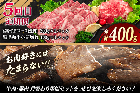 【令和7年6月から毎月配送】5か月定期便 月替わりで堪能!! 牛肉 豚肉 焼肉 セット 豚バラ 肩ロース モモ ウデ 総重量5.6kg 国産 食品 おかず BBQ バーベキュー 小分け 宮崎牛 黒毛和