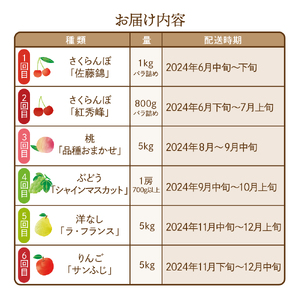 【定期便】た～んとフルーツコース(2024年6月中旬頃からスタート)  hi003-084 さくらんぼ 桃 シャインマスカット ラ・フランス りんご  山形県 東根市 フルーツ 果物 さくらんぼ ジー