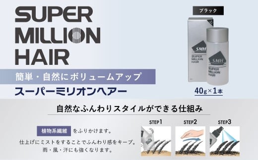 スーパーミリオンヘアー（増毛パウダー）1本（40g)No.1ブラック｜ 男女兼用 ルアン SUPER MILLION HAIR ボリュームアップ 男性用 女性用 メンズ レディース ヘアケア 薄毛隠し 白髪隠し カバー 対策 手軽 増毛剤 粉