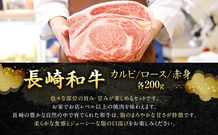 【全3回定期便】長崎和牛 焼肉セット カルビ ロース 赤身 計約600g ( 各200g ) 国産 和牛 牛肉 お肉