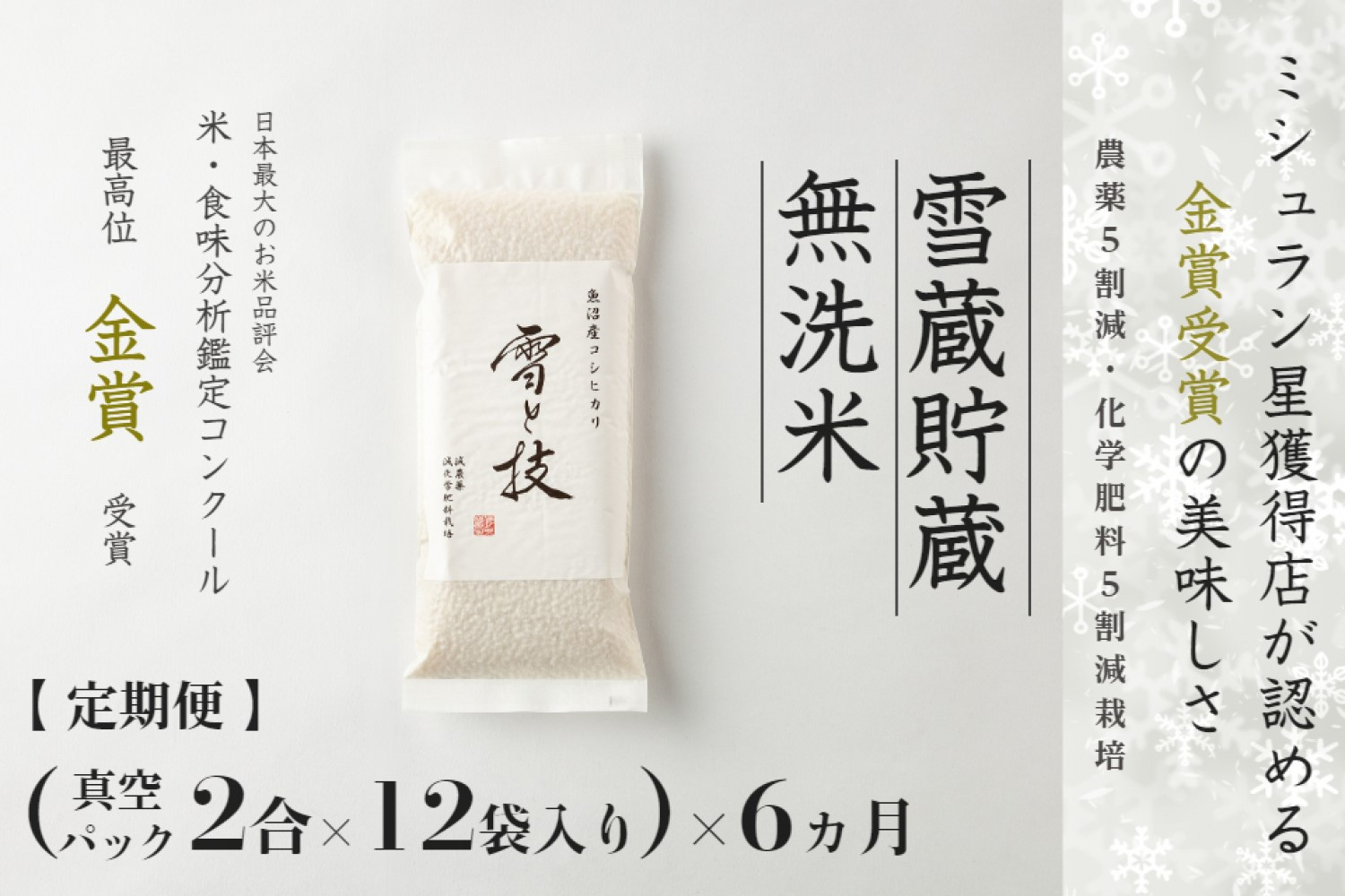 
            【 令和7年産 新米 予約 】 定期便 〔 真空パック 2合 ×12袋〕×6ヶ月 雪蔵貯蔵 無洗米 金賞受賞 魚沼産コシヒカリ 雪と技 農薬5割減・化学肥料5割減栽培　藤ノ木株式会社
          