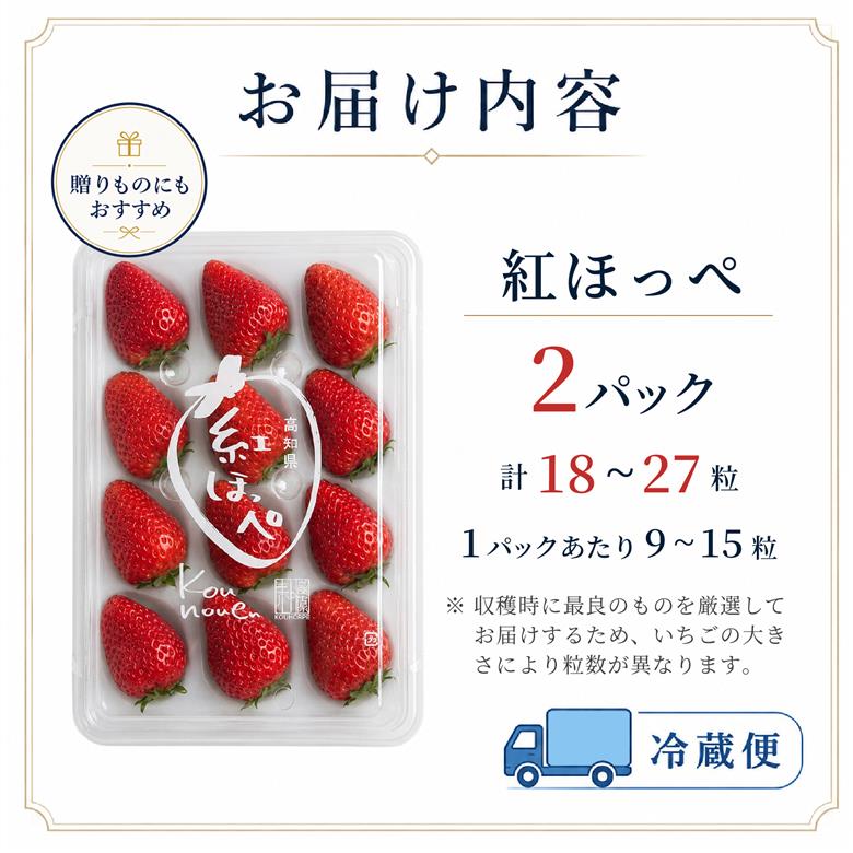先行予約 いちご 苺 紅ほっぺ 贈答品 2パック：18～27粒 （2027年1月発送開始） | さちのか あきひめ 高級 厳選 こだわり 贅沢 贈り物 ギフト プレゼント 限定 お取り寄せ 旬 甘い 大粒 高糖度 産地直送 期間限定 高知県 南国市