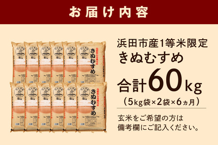 【定期便】【令和5年産】石見産きぬむすめ 60kg 6ヶ月（10kg×6回コース） お取り寄せ 特産 お米 精米 白米 ごはん ご飯 コメ 新生活 応援 準備 【238】