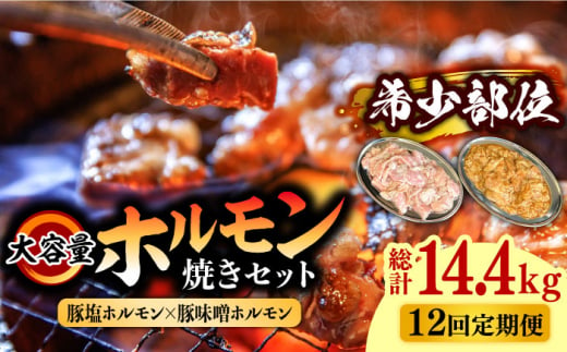 【12回 定期便 】 ホルモン 塩焼き・ニンニク味噌焼きセット 大容量セット 総計14.4kg / ほるもん 肉 豚肉 直腸 豚テッポウ 希少部位 国産 / 南島原市 / はなぶさ [SCN143]