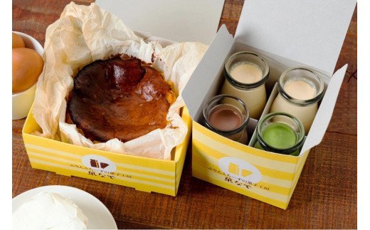 菓なでセットシェフのおすすめセット (バスクチーズケーキ1ホール4号サイズ,菓なでぷりんプレーン2本,ショコラ1本,抹茶1本) [3212]