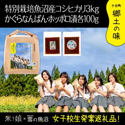 ふるさと納税 十日町市 【農家×女子高生】県認証特栽魚沼コシヒカリ(精米)3kgとかぐらなんばん・ホッポロ漬 各100g