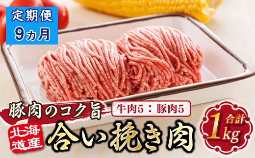 【定期便9ヶ月】北海道産 合い挽き肉 合計1kg（牛5：豚5） 豚肉のコク旨ひき肉　121-1262-156-014