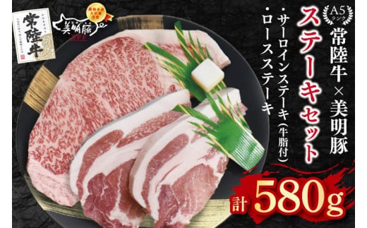 
                  【常陸牛 A5ランク・美明豚ステーキセット】常陸牛サーロインステーキ300g＋美明豚ロースステーキ280g（140g×２枚） 冷凍 国産牛 和牛 牛肉 豚肉 ブランド豚 食べ比べ ステーキ お取り寄せ 老舗精肉店 肉の加治 茨城県 水戸市（EK-19）
                