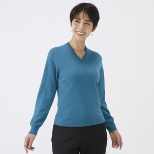 日本製 カシミヤ100% レディース Vネック ブルーグリーン 2Lサイズ
