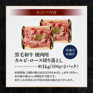 S001-024A_黒毛和牛 焼肉 カルビ ロース 切り落とし 1kg ミシュランビブグルマン 獲得 黒毛和牛 焼肉用 約 500g × 2パック A4 〜 A5 等級 厚切り きめ細かい 霜降り サ