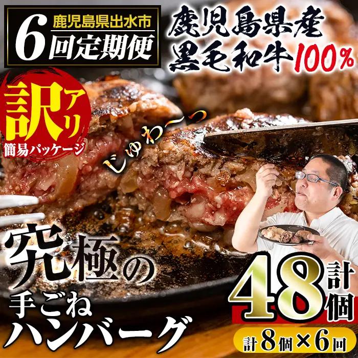i689 ＜定期便・計6回(隔月)＞【訳あり】鹿児島県産！黒毛和牛の究極の手ごねハンバーグ(総計48個・100g×8個×6回) ハンバーグ 牛肉 黒毛和牛 100％ 国産 冷凍 おかず 定期便 エコパ