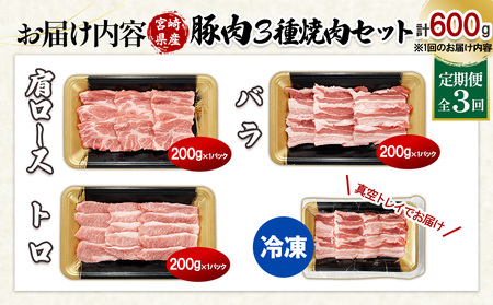 宮崎県産 豚肉 焼肉 3種食べ比べ 定期便【全3回】合計1.8kg (600g×3回) 真空小分けパック (肩ロース・バラ・豚トロ) 国産 送料無料
