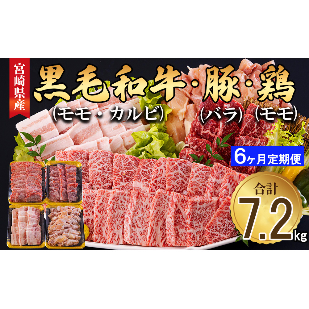 6回 定期便 宮崎県産 焼肉 セット 黒毛和牛 モモ カルビ 豚バラ 若鶏 モモ 合計7.2kg 各300g [サンアグリフーズ 宮崎県 美郷町 31ba0039] 小分け 冷凍 送料無料 国産 BB