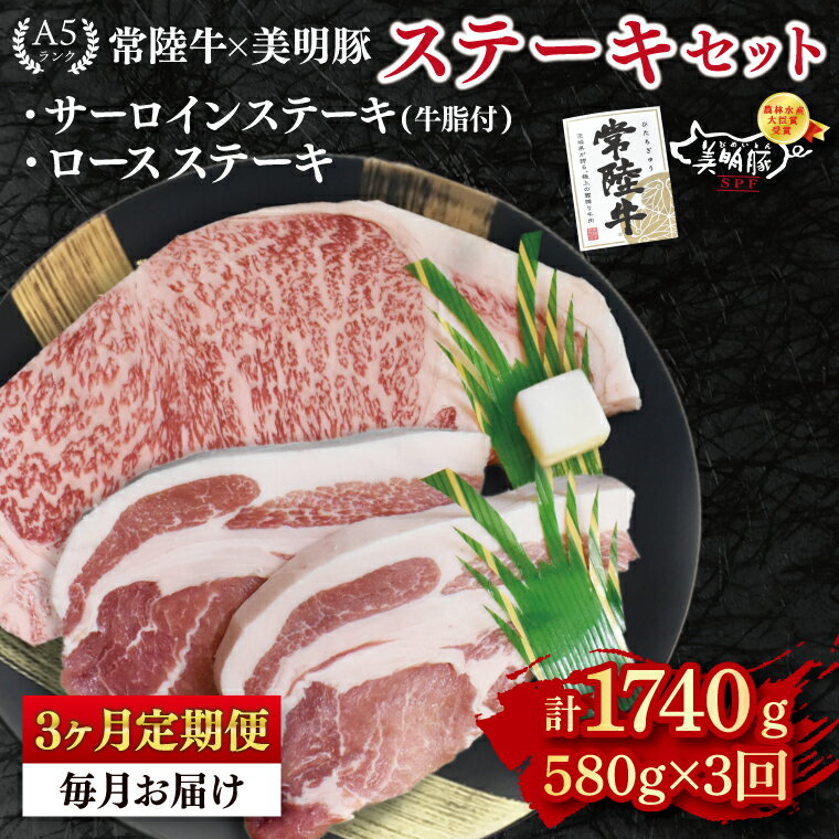 【ふるさと納税】【3ヶ月定期便【常陸牛 A5ランク・美明豚ステーキセット】常陸牛サーロインステーキ300g＋美明豚ロースステーキ280g（140g×2枚） 冷凍 国産牛 和牛 牛肉 豚肉　ブランド豚 茨城県 水戸市 食べ比べ セット商品 国産 老舗精肉店 (EK-19_1)