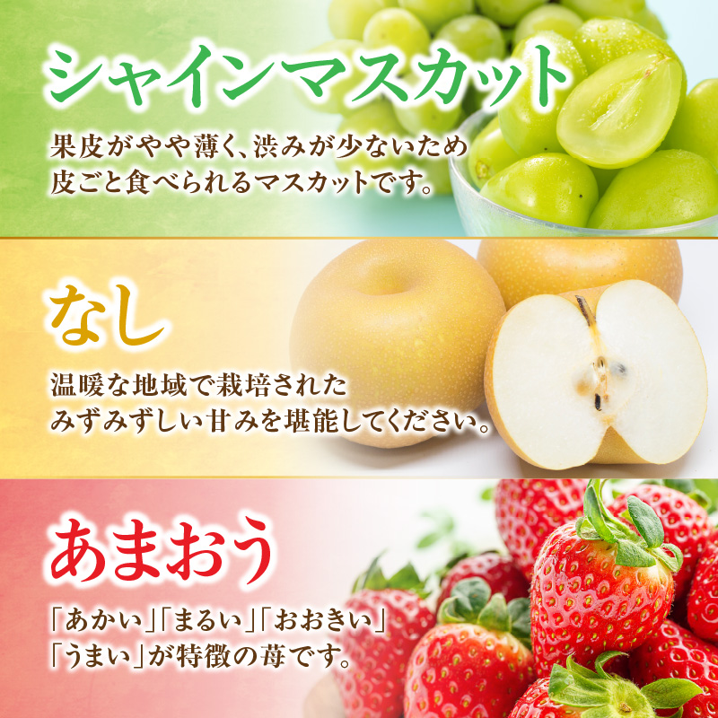九州・福岡フルーツ王国八女 旬のフルーツ定期便【全3回】＜配送不可：北海道・沖縄・離島＞ フルーツ 定期便 あまおう シャインマスカット 梨 季節のフルーツ 果物 おすすめ セット 産地直送 福岡県 