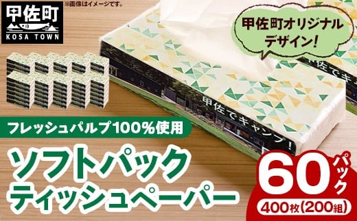 
            ティッシュペーパーソフトパック　４００枚（２００組）６０パック	- ソフトパック ティッシュ ペーパー 箱無し 60箱 生活用品 雑貨 日用品 必需品 紙 常備品 まとめ買い 備蓄 防災 ストック 熊本県 甲佐町
          