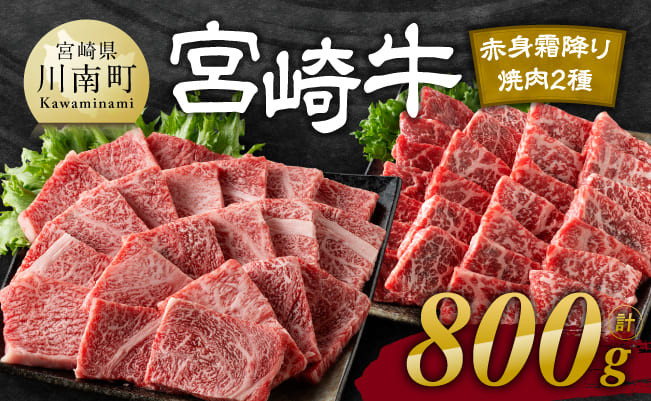 
宮崎牛赤身霜降り焼肉2種 800g【肉 牛肉 国産 宮崎県産 宮崎牛 黒毛和牛 和牛 焼肉 BBQ 4等級 A4ランク 肩ロース ウデ モモ E11124】
