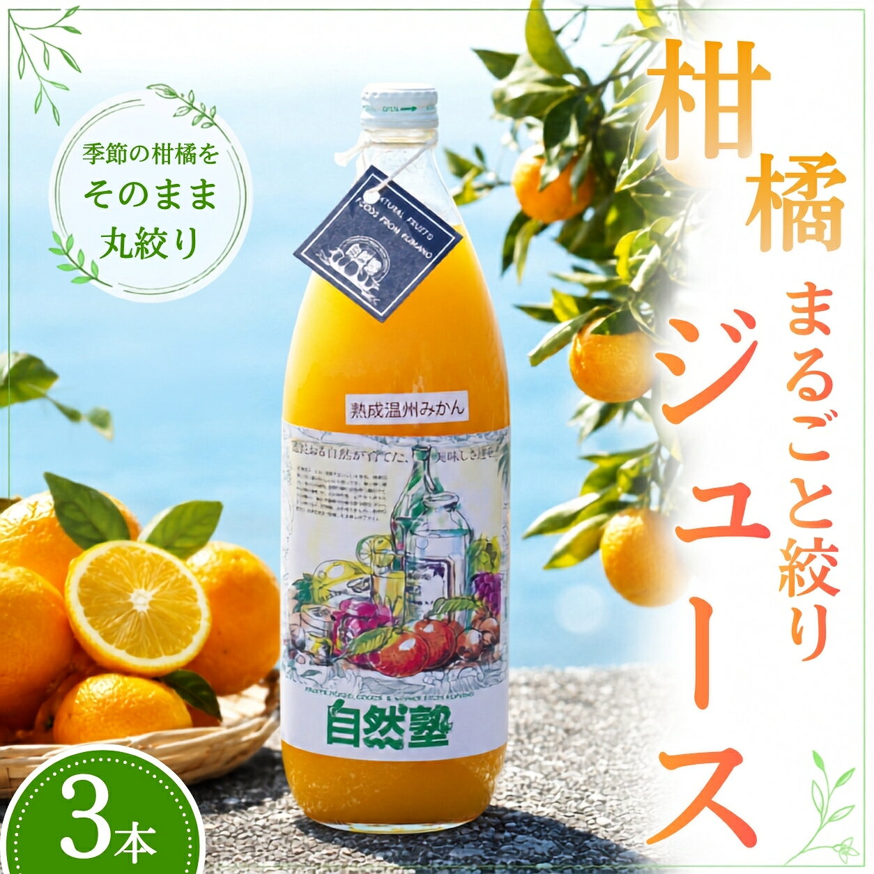 【ふるさと納税】 14.自然塾 柑橘100%まるごと絞りジュース 3本入り みかんジュース オレンジ ポンカン 不知火 温州 ドリンク 飲料 飲み物 朝食 無添加 季節 旬