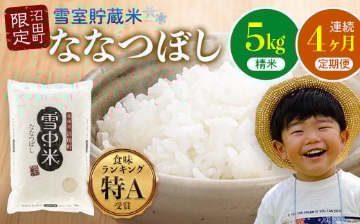 
            【定期便4ヶ月】令和7年産 ななつぼし 精米5kg 計4回毎月お届け 発送月が選べる 特Aランク米 雪冷気 籾貯蔵 雪中米 北海道 3032-01var
          