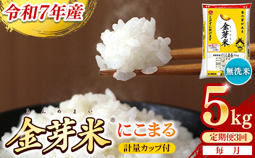 【定期便】BG無洗米・金芽米にこまる 5kg×3ヵ月（毎月）計量カップ付き【令和7年産 3ヶ月 時短 健康 米 BG 無洗米 計15kg 島根県産 節水 時短 アウトドア キャンプ 東洋ライス 健康 島根県 安来市】【価格改定X】