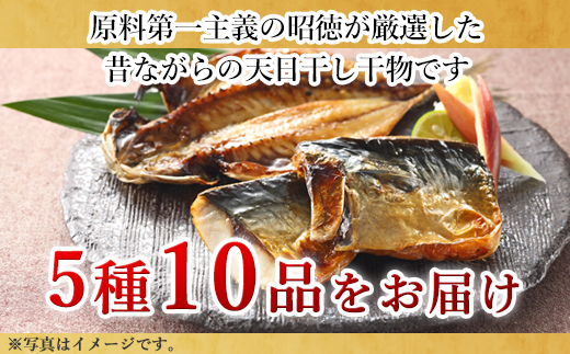 昭徳の天日干し 1枚60g~180g全10枚でお届けします 真あじ開き60g×4枚 真さば片身90g×2枚 かます開き80g×2枚 連子鯛開き180g×1枚 剣先いか開き70g×1枚 おかず ギフト「