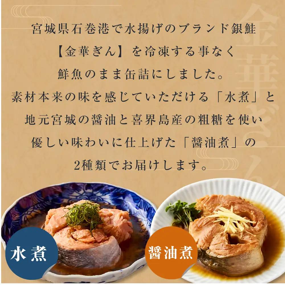 銀鮭 缶詰 食べ比べ セット 水煮 醤油煮 さけ しゃけ 鮭 サケ 金華ぎん おかず キャンプ アウトドア 便利 お手軽 簡単レシピ ご飯のお供 家飲み ギフト 地域の味 木の屋石巻水産 常温保存 防