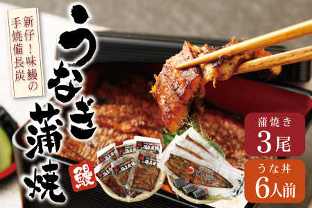 新仔!!味鰻うなぎ蒲焼3尾（無頭）・鰻丼の素6袋セット（きざみ）本格手焼備長炭蒲焼 化粧箱入【E164-2311-60】